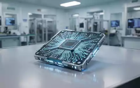 A close-up of a futuristic AI chip with intricate glowing blue circuitry on a reflective surface, with a blurred cleanroom in the background. - Foto: über boerse-global.de