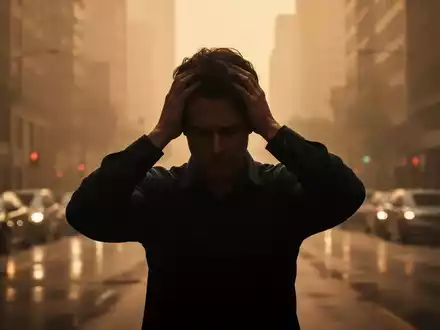 Eine Silhouette einer Person, die sich den Kopf hält, vor dem verschwommenen Hintergrund einer durch Hitze verzerrten Stadtstraße. - Foto: über boerse-global.de