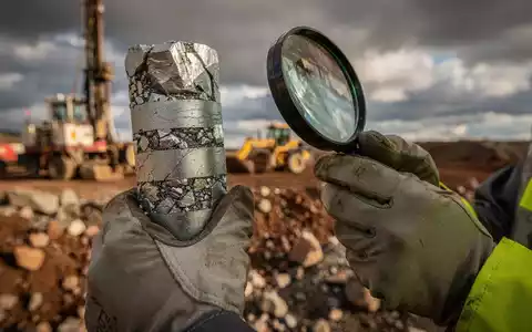 Geologe untersucht eine Bohrkernprobe mit metallischen Mineralien, die Niob enthalten könnte, an einem Explorationsstandort. - Foto: über boerse-global.de