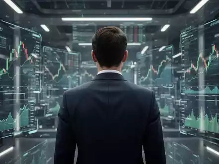 Eine Person im Anzug blickt auf einen futuristischen Handelsraum mit holografischen Börsendaten, die finanzielle Reorganisation symbolisieren. - Foto: über boerse-global.de