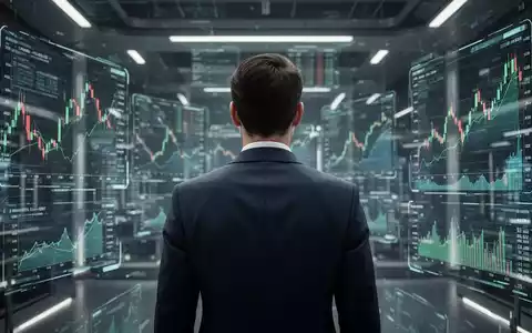 Eine Person im Anzug blickt auf einen futuristischen Handelsraum mit holografischen Börsendaten, die finanzielle Reorganisation symbolisieren. - Foto: über boerse-global.de