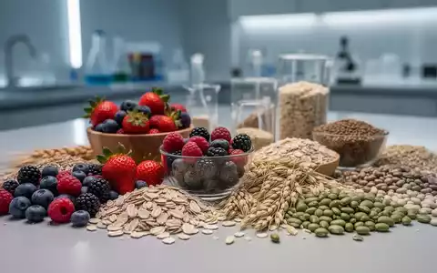 Eine Nahaufnahme von gesunden, ballaststoffreichen Lebensmitteln wie Beeren, Haferflocken, Vollkornprodukten und Hülsenfrüchten. - Foto: über boerse-global.de