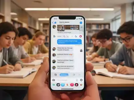 Ein Smartphone-Bildschirm zeigt eine Messaging-App, im Hintergrund verschwommen lernende Studenten. Fokus auf digitale Bildung. - Foto: über boerse-global.de