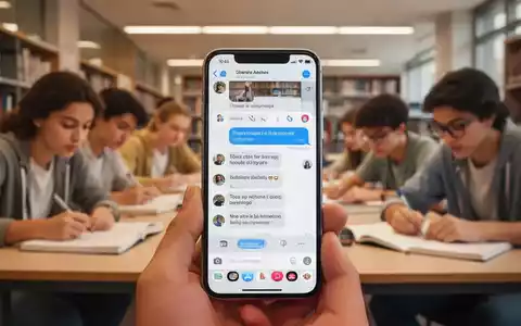 Ein Smartphone-Bildschirm zeigt eine Messaging-App, im Hintergrund verschwommen lernende Studenten. Fokus auf digitale Bildung. - Foto: über boerse-global.de