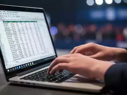 Close-up of hands typing quickly on a laptop keyboard, with a complex Excel spreadsheet displayed on the screen. - Foto: über boerse-global.de