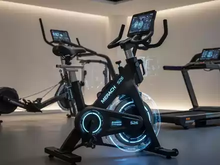Eine moderne Heimsportumgebung mit einem MERACH S26 Heimtrainer, Rudergerät und Laufband. Die Szene ist minimalistisch und technologisch. - Foto: über boerse-global.de