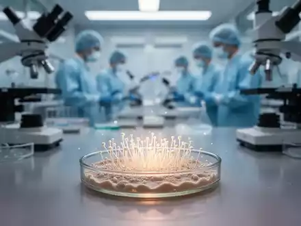 Nahaufnahme einer Petrischale mit einer leuchtenden Myzelkultur in einem modernen Labor, um Innovationen bei Nahrungsergänzungsmitteln darzustellen. - Foto: über boerse-global.de