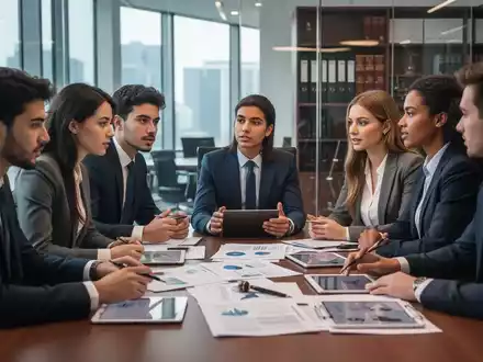Junge Juristen in einem modernen Büro diskutieren über juristische Dokumente. Die Szene symbolisiert Wachstum im Rechtsbereich. - Foto: über boerse-global.de