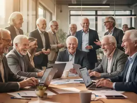 Ältere Arbeitnehmer in einem modernen Büro, die an Laptops arbeiten und sich unterhalten, symbolisieren die Beschäftigung von Frührentnern. - Foto: über boerse-global.de