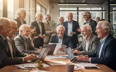 Ältere Arbeitnehmer in einem modernen Büro, die an Laptops arbeiten und sich unterhalten, symbolisieren die Beschäftigung von Frührentnern. - Foto: über boerse-global.de