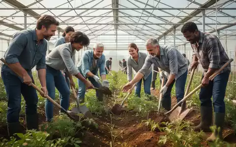 Eine vielfältige Gruppe von Menschen arbeitet in einem sonnigen Gewächshaus. Einige halten landwirtschaftliche Werkzeuge. Fokus auf Zusammenarbeit. - Foto: über boerse-global.de