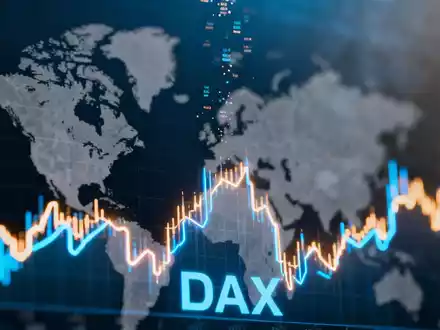 Eine stilisierte DAX-Aktienchart mit überlagerten geopolitischen Kartenelementen und Finanzmarktdaten. - Foto: über boerse-global.de