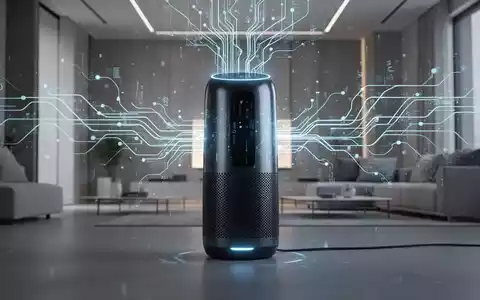 A sleek, modern smart speaker with glowing lines representing AI memory and data, set in a minimalist home. - Foto: über boerse-global.de