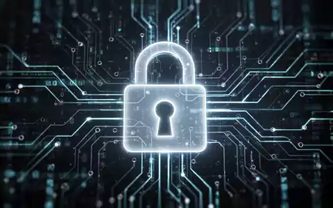 Ein stilisiertes, leuchtendes Vorhängeschloss-Symbol über einem unscharfen Hintergrund aus Leiterplattenlinien und digitalen Datenströmen. - Foto: über boerse-global.de