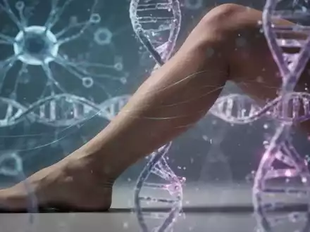 Ein Bein mit angedeuteten Bewegungsspuren, im Hintergrund verschwommene neuronale Netze und eine DNA-Doppelhelix. - Foto: über boerse-global.de