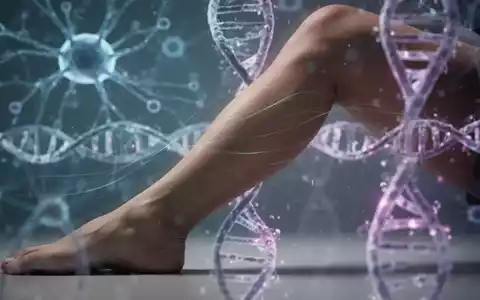 Ein Bein mit angedeuteten Bewegungsspuren, im Hintergrund verschwommene neuronale Netze und eine DNA-Doppelhelix. - Foto: über boerse-global.de