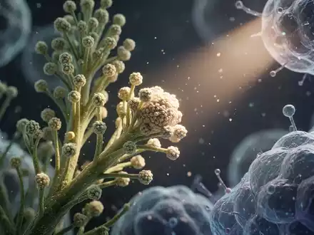 Nahaufnahme von Pollenkörnern und zellulären Strukturen, beleuchtet von einem Lichtstrahl, symbolisiert Allergene und Immunreaktionen. - Foto: über boerse-global.de