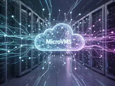 Abstract representation of fast cloud computing and MicroVMs, with glowing data lines connecting servers, symbolizing speed and efficiency. - Foto: über boerse-global.de