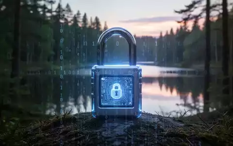 A digital padlock over a forest and lake, symbolizing data security in nature. - Foto: über boerse-global.de