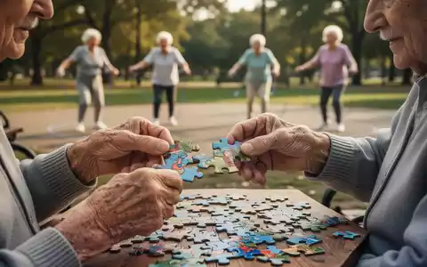 Ältere Hände lösen ein Puzzle, im Hintergrund verschwommen Senioren bei körperlicher Aktivität in einem Park. - Foto: über boerse-global.de