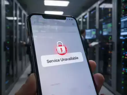 A smartphone screen showing a banking app error message, with a blurred background of a financial district. - Foto: über boerse-global.de