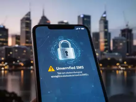 Ein Smartphone-Bildschirm zeigt eine Warnung vor einer nicht verifizierten SMS, darüber ein digitales Vorhängeschloss-Symbol. - Foto: über boerse-global.de