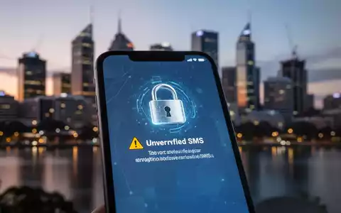 Ein Smartphone-Bildschirm zeigt eine Warnung vor einer nicht verifizierten SMS, darüber ein digitales Vorhängeschloss-Symbol. - Foto: über boerse-global.de