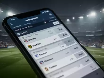 Nahaufnahme eines Smartphones, das eine Sportwetten-App anzeigt, mit einem verschwommenen Fußballstadion im Hintergrund. Symbolisiert Spielsuchtprävention. - Foto: über boerse-global.de