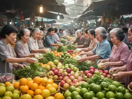 Menschen wählen frisches Obst und Gemüse auf einem belebten vietnamesischen Markt, um gesunde Ernährung und Gemeinschaft zu symbolisieren. - Foto: über boerse-global.de