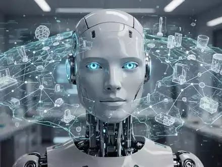 Ein Robotergesicht mit leuchtend blauen Augen, umgeben von einer holografischen 3D-Karte, die Objekte und Datenpunkte zeigt. - Foto: über boerse-global.de