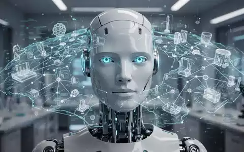 Ein Robotergesicht mit leuchtend blauen Augen, umgeben von einer holografischen 3D-Karte, die Objekte und Datenpunkte zeigt. - Foto: über boerse-global.de