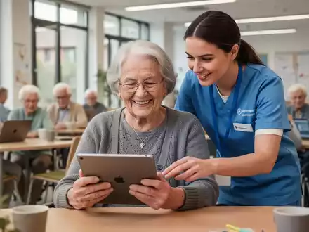 An elderly German woman smiles while using a tablet, with a younger volunteer assisting her in a modern community center. - Foto: über boerse-global.de