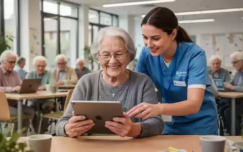 An elderly German woman smiles while using a tablet, with a younger volunteer assisting her in a modern community center. - Foto: über boerse-global.de