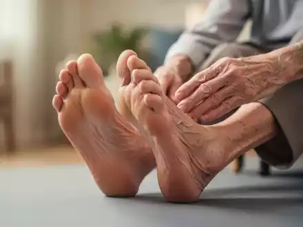 Nahaufnahme der Füße einer älteren Person bei einer leichten Dehnübung, symbolisiert Fußgesundheit im Alter. - Foto: über boerse-global.de