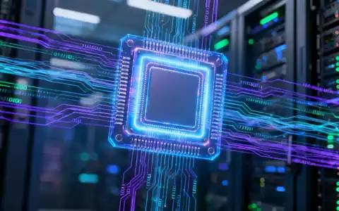 Ein futuristischer Quantenchip, umgeben von Datenströmen, symbolisiert sichere Datenübertragung und Technologie. - Foto: über boerse-global.de