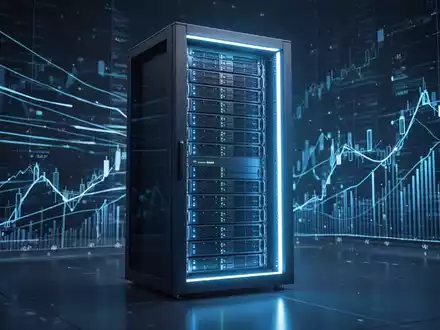 Ein futuristischer Server-Rack mit blauem Licht und abstrakten digitalen Elementen, die technologisches Wachstum und positive Markttrends symbolisieren. - Foto: über boerse-global.de