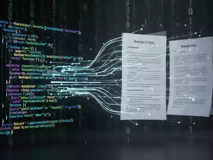 Abstract image showing glowing lines of code transforming into structured documents, representing data parsing and efficiency. - Foto: über boerse-global.de