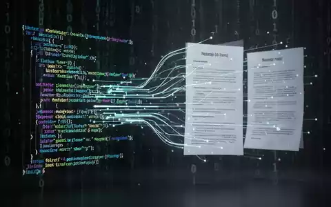 Abstract image showing glowing lines of code transforming into structured documents, representing data parsing and efficiency. - Foto: über boerse-global.de