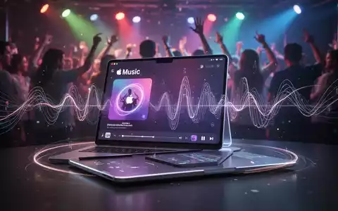 A sleek device displaying the Apple Music interface with glowing elements and a blurred, vibrant dance club in the background. - Foto: über boerse-global.de