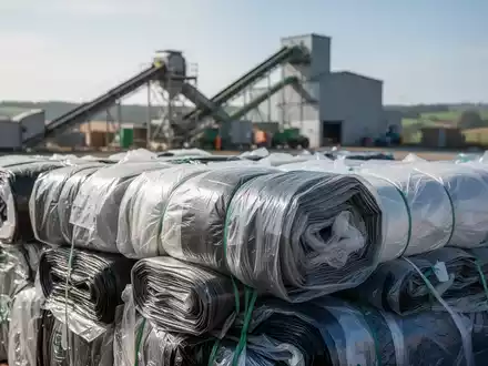 Sauber gebündelte landwirtschaftliche Kunststofffolien, bereit zum Recycling, gestapelt an einer Sammelstelle mit unscharfem Hintergrund. - Foto: über boerse-global.de