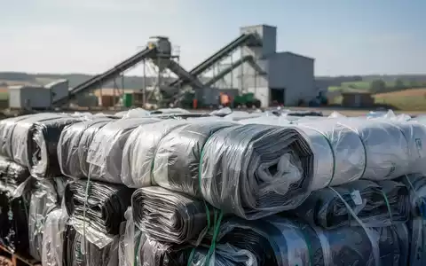 Sauber gebündelte landwirtschaftliche Kunststofffolien, bereit zum Recycling, gestapelt an einer Sammelstelle mit unscharfem Hintergrund. - Foto: über boerse-global.de