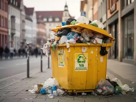 Eine überfüllte gelbe Wertstofftonne steht auf einem Bürgersteig in Augsburg, mit unscharfen Gebäuden im Hintergrund. - Foto: über boerse-global.de