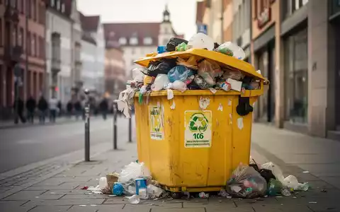 Eine überfüllte gelbe Wertstofftonne steht auf einem Bürgersteig in Augsburg, mit unscharfen Gebäuden im Hintergrund. - Foto: über boerse-global.de