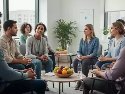 Eine Gruppe von Menschen sitzt in einem hellen, modernen Raum und unterhält sich, was Gemeinschaft und Gesundheit symbolisiert. - Foto: über boerse-global.de