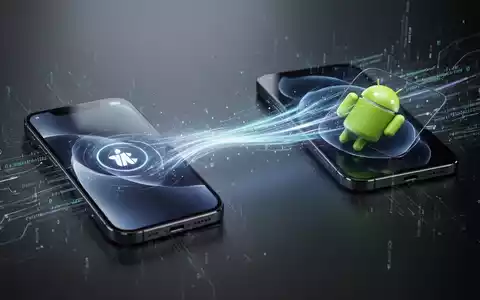 Ein leuchtender Datenstrahl verbindet ein iPhone und ein Android-Smartphone, der einen nahtlosen Datentransfer symbolisiert. - Foto: über boerse-global.de
