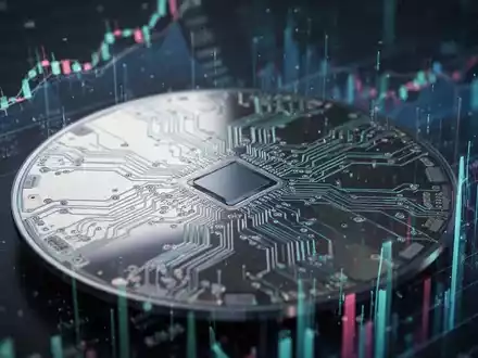 Nahaufnahme einer hochmodernen Siliziumwafer mit komplexen Schaltkreisen, die Licht reflektiert, im Hintergrund verschwommene Wachstumsdiagramme. - Foto: über boerse-global.de