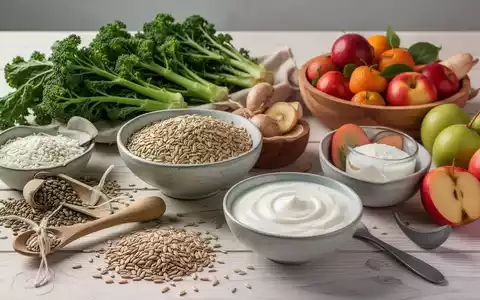 Eine Nahaufnahme verschiedener gesunder, darmfreundlicher Lebensmittel wie Gemüse, Vollkornprodukte, Obst und fermentierte Produkte. - Foto: über boerse-global.de