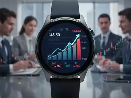 A close-up of a smartwatch displaying digital growth charts and numbers, with blurred figures in the background. - Foto: über boerse-global.de