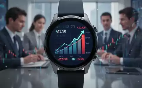 A close-up of a smartwatch displaying digital growth charts and numbers, with blurred figures in the background. - Foto: über boerse-global.de