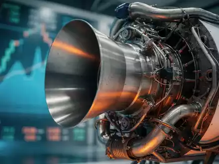 Nahaufnahme eines SpaceX Falcon 9 Raketentriebwerks mit verschwommenen Finanzcharts und digitalen Börsendaten im Hintergrund. - Foto: über boerse-global.de